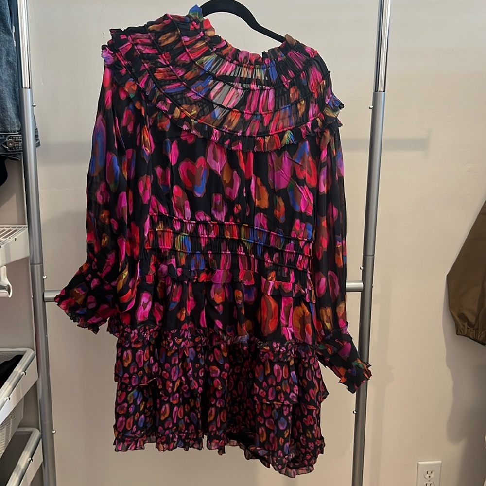 Farm Rio Black Iridescent Leopards Ruffle Mini Dress